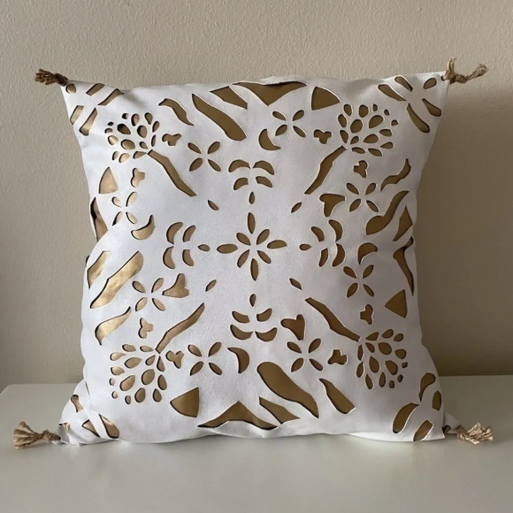 Anthropologie White Leather Gold Inlay Pillow
